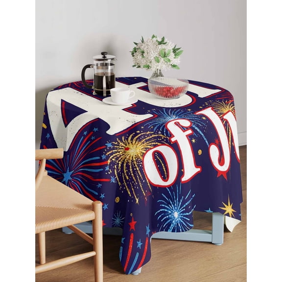 July 4th Table Cloth 54x54 Inch Square, Independence Day Retro Red Blue Yellow Fireworks Dark Blue Waterproof Tablecloth Washable Table Cover for 250th Anniversary Party Picnic Dinner Decor