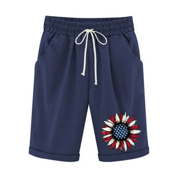 July 4th Iyufng Womens Shorts Plus Size Shorts for Women,Independence Day Summer Shorts Printed Elastic Waist Casual with Pockets Drawstring Half Shorts Pants,S-2XL