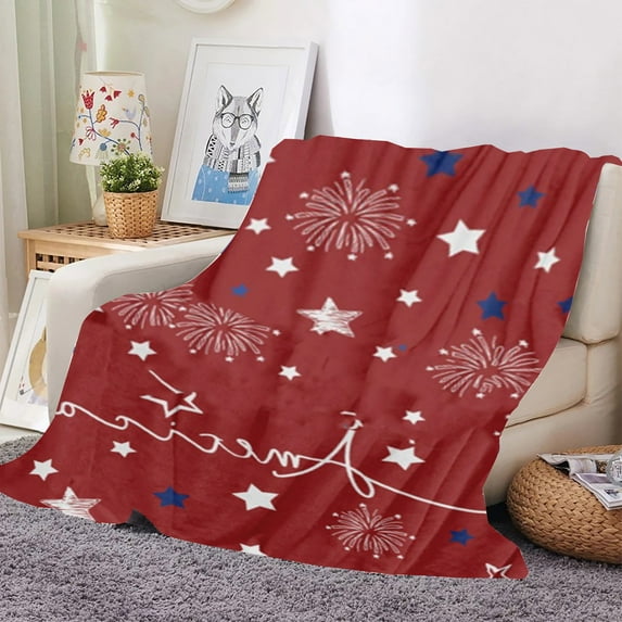 July 4th Throw Blankets, Fireworks Celebration Patriotic Americana Stars Soft Fleece Blanket Decorative for Home Sofa Couch Chair Living Bedroom