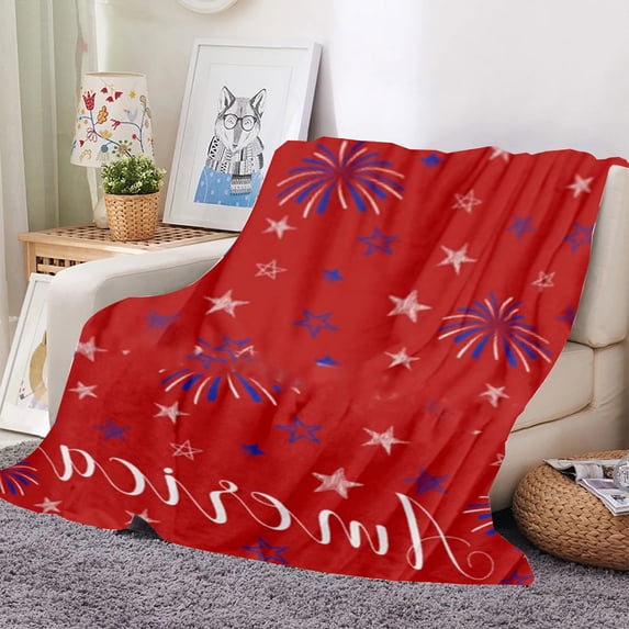 July 4th Throw Blankets, Fireworks Celebration Patriotic Americana Stars Soft Fleece Blanket Decorative for Home Sofa Couch Chair Living Bedroom