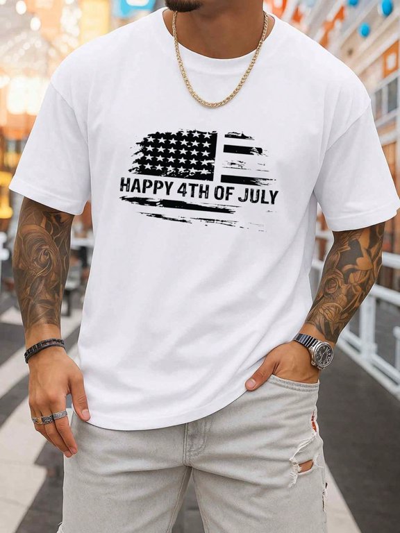 July 4th USA Flag Tee Mens T-Shirts White Graphic Elegant Comfortable Loose T-Shirt Refreshing And Lightweight, Perfect For Summer Sports And Leisure Wear Soft And Comfortable Spri