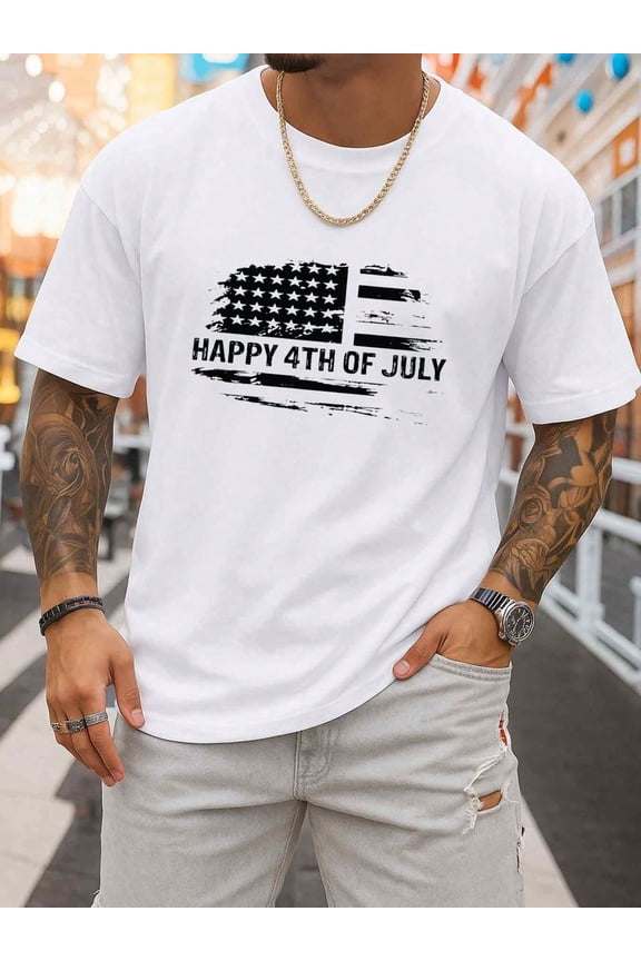 July 4th USA Flag Tee Mens T-Shirts White Graphic Elegant Comfortable Loose T-Shirt Refreshing And Lightweight, Perfect For Summer Sports And Leisure Wear Soft And Comfortable Spri
