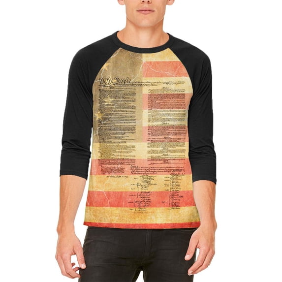 July 4th United States Constitution Betsy Ross Flag Mens Raglan T Shirt White-Black SM