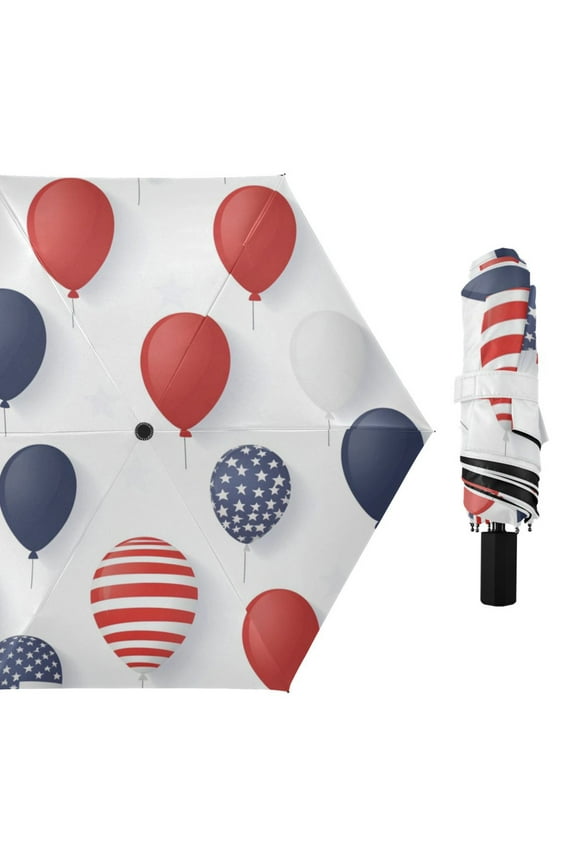 July 4th Usa Flag Pattern Balloons All Weather Umbrella Triple Folding Parasol 6 Ribs UV Protection Portable