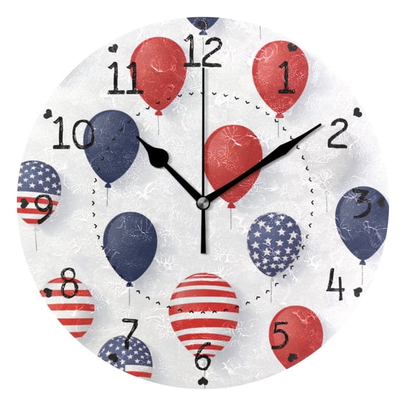 July 4th Usa Flag Pattern Balloons Round Wall Clock Silent Analog Battery Operated Black Pointer Home Decor 9.84" Diameter