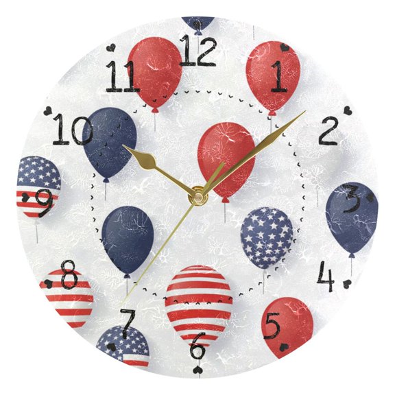July 4th Usa Flag Pattern Balloons Round Wall Clock Silent Analog Battery Operated Gold Pointer Home Decor 9.84" Diameter