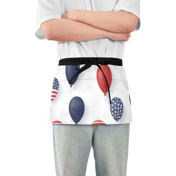 July 4th Usa Flag Pattern Balloons Short Server Apron with 3 Pockets for Unisex Chef Gardening