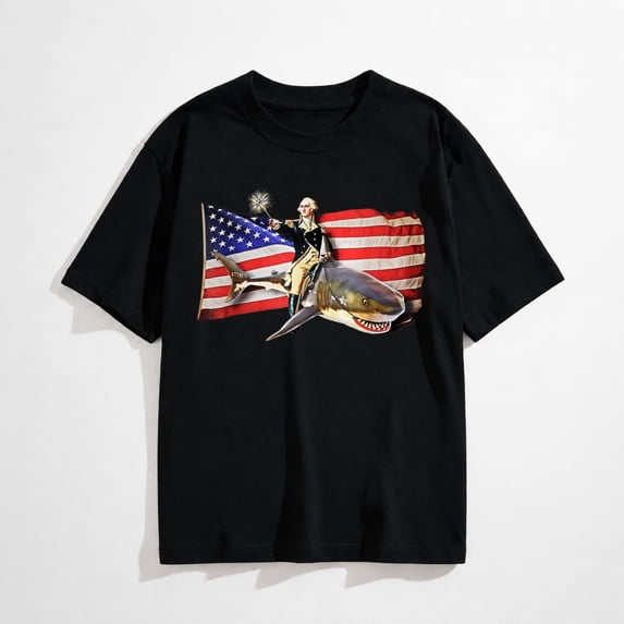 July 4thWashington Riding Shark Funny July 4th American Flag T-Shirt