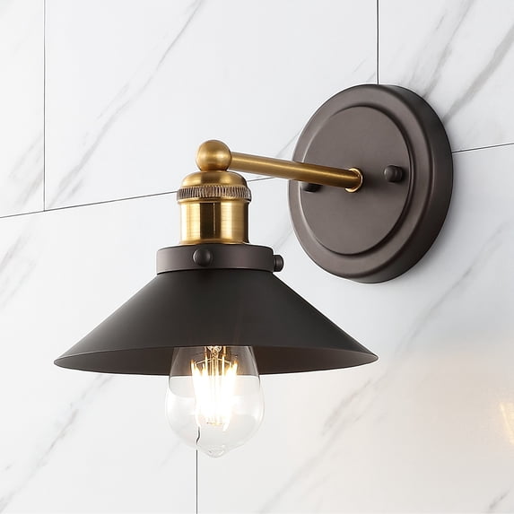 JONATHAN Y July 7.88" 1-Light Industrial Farmhouse Metal Vanity Light, Oil Rubbed Bronze/Brass Gold