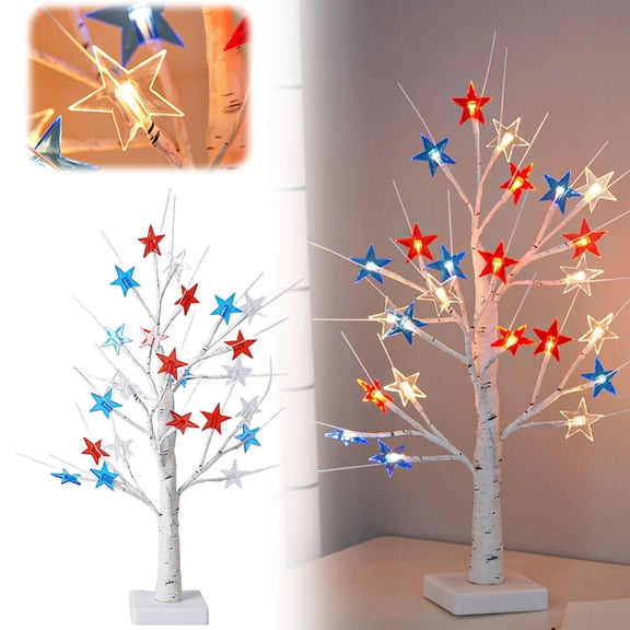 July Birch Wood Star String Lights, Independence Day Battery Operated Decor, Red White Blue LED Lights for Mantel Porch Centerpiece