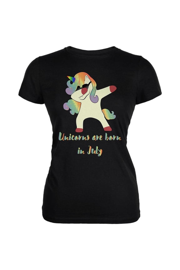 July Birthday Dabbing Unicorn Sunglasses Juniors Soft T Shirt Black LG
