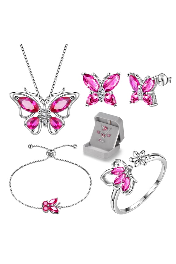 July Birthstone Jewelry Sets Ruby Red Butterfly 925 Sterling Silver CZ Fine Necklace Earrings Ring Bracelet Women Birthday Mother's Day Gifts