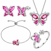 July Birthstone Jewelry Sets Ruby Red Butterfly 925 Sterling Silver CZ Fine Necklace Earrings Ring Bracelet Women Girls Birthday Mother's Day Gifts Aurora Tears
