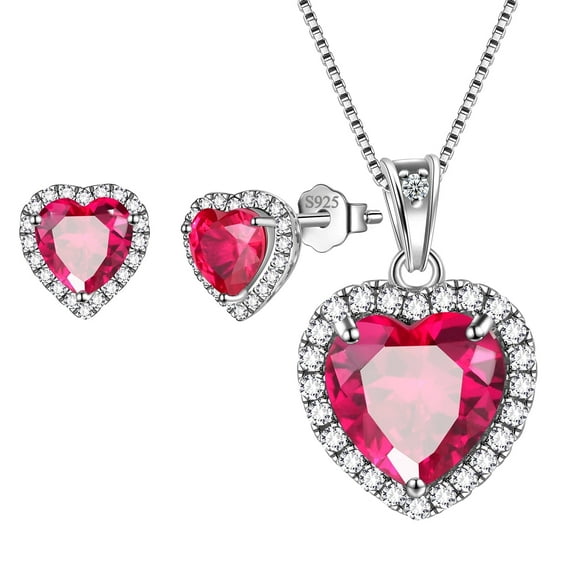 July Birthstone Jewelry Sets for Women, Red Heart Jewelry Set Ruby Necklace Earrings 925 Sterling Silver Fine Jewelry Birthday Mother's Day Gifts