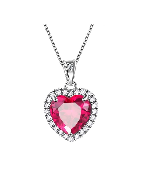 July Birthstone Necklace Women Red Heart Necklace Ruby Crystal CZ 925 Sterling Silver Necklaces Pendant Jewelry Birthday Mother's Day Gifts Juwaliy