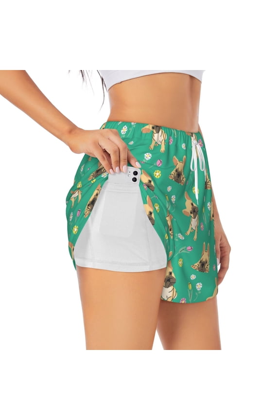 Bulldog Puppy Flower print a double-layered women's running short, ideal for gym, tennis, and various activities, complete with a practical pocket-Medium