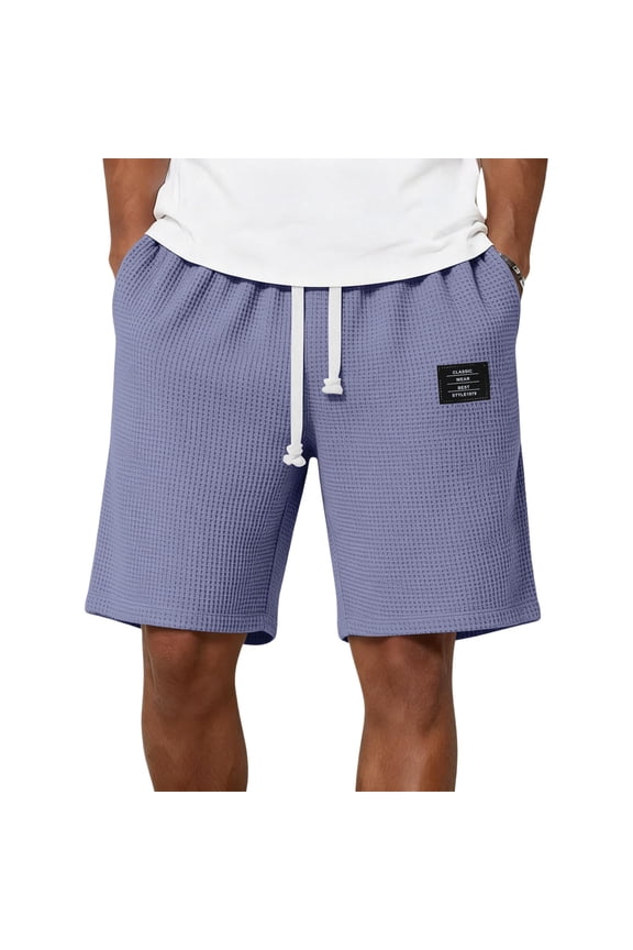 Men'S Casual Shorts Solid Color Waffleelastic Waisted Lace Trousers Leg Embroidery Design Short Pants For Summer Wear