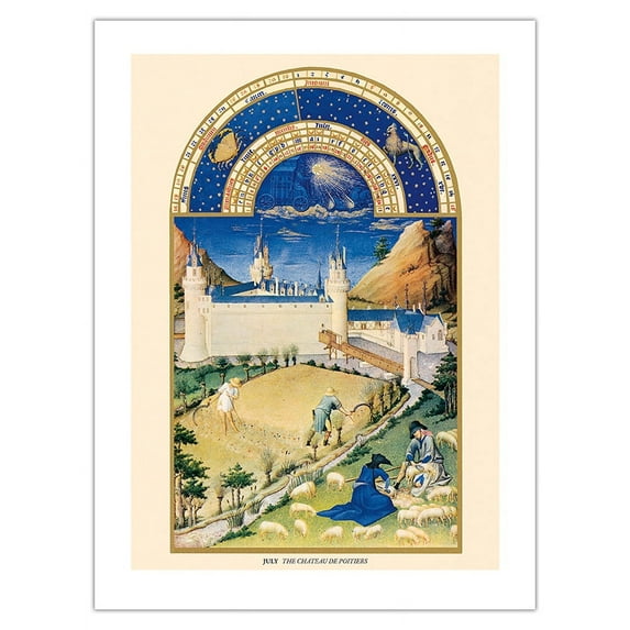 July: Château de Poitiers - Book of Hours (Très Riches Heures) - Vintage Illuminated Manuscript by Limbourg Brothers c.1400s - Bamboo Fine Art 290gsm Paper Print (Unframed) 18x24in