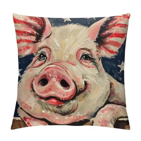 of July Cow Pig Patriotic Decorative Throw Pillow Cover God Bless America Farm Tractor Barn Cushion Case Decor, American USA Land of The Free Farmhouse Rustic Home Decoration