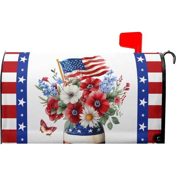 July Fourth American Flag Mailbox Covers Magnetic Standard Size 18”x21” Patriotic Red and Blue Flowers Mailbox Wraps Memorial Wildflowers Mail Box Covers Post Letter Box Covers for Garden Yard Decor