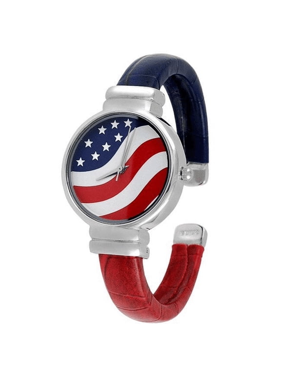 July Fourth Independence Day American United State Flag Bangle Watch with Round Watch Face