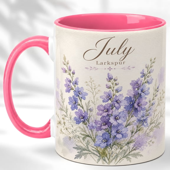 July Girl Coffee Mug, Larkspur Birth Month Flower Cup, Watercolor Floral Birthday Gift for Her, Botanical Design, Ceramic 11 Oz Mug