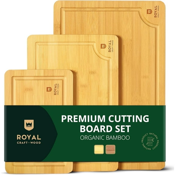 Royal Craft Wood Cutting Board Set For Kitchen, Wooden Cutting Boards With Handles, Multifunctional & Sustainable Bamboo Cutting Boards With Deep Juice Grooves