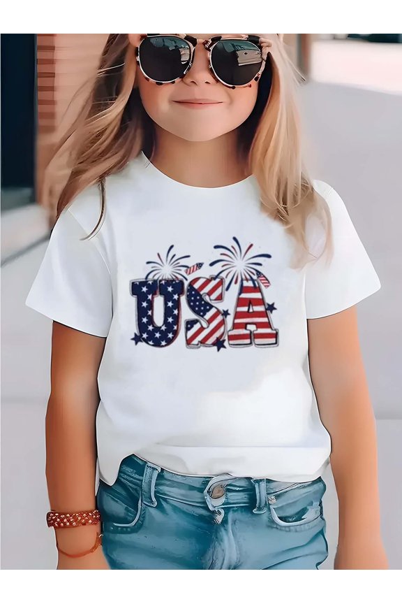 July Patriotic T-Shirt for Boys & Girls - USA Flag & Fireworks Print, Loose Fit Breathable Short Sleeve Tee, Machine Washable 4th of July Independence Day Apparel, Casual Round Neck Holiday S