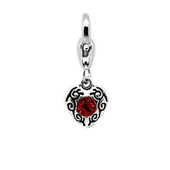 July Red Birthstone Antique Silver Rhinestone Heart Clip On Charms. Fits Thomas Sabo 26x10mm