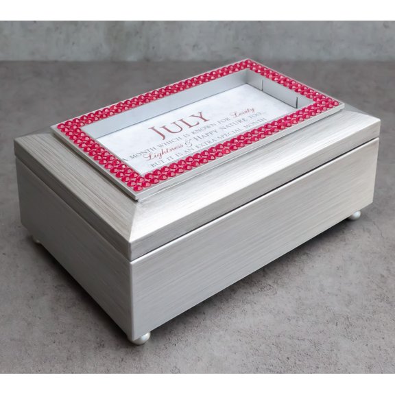 July Ruby Red Levity Happiness Birthstones Silver Tone Musical Trinket Box