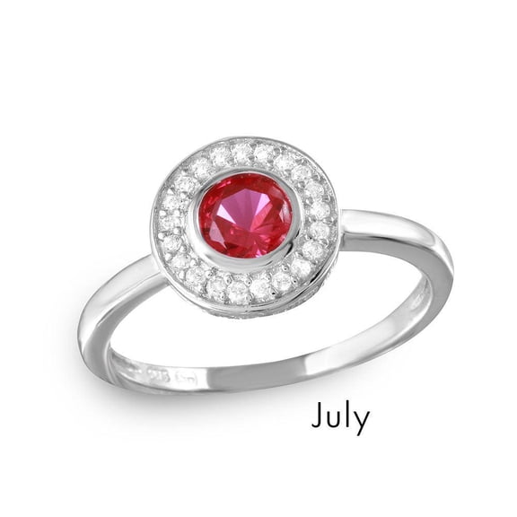 July Sterling Silver 925 Rhodium Plated Simulated Ruby Center Halo Ring Red CZ Female Size 6