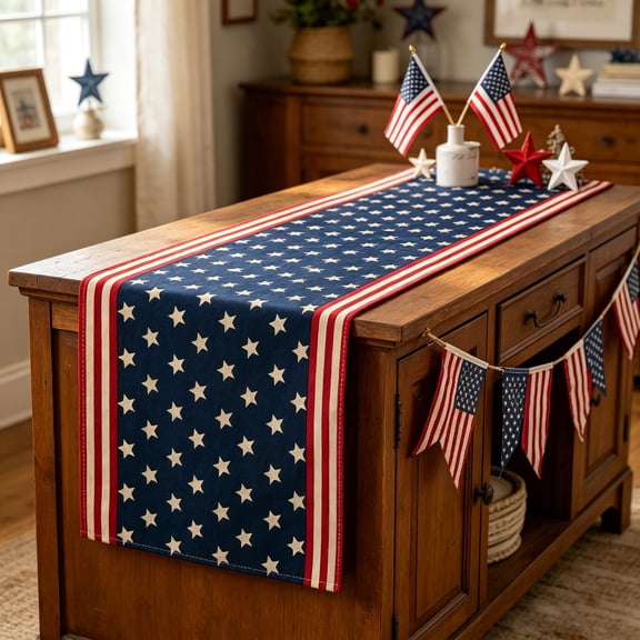 of July Table Runner - Red White Blue Star Printed, Polyester Material, Easy to Clean & Quick-Drying, Decorative Table Runner Kitchen, Dining Table & Memorial Day Holiday Celebrations