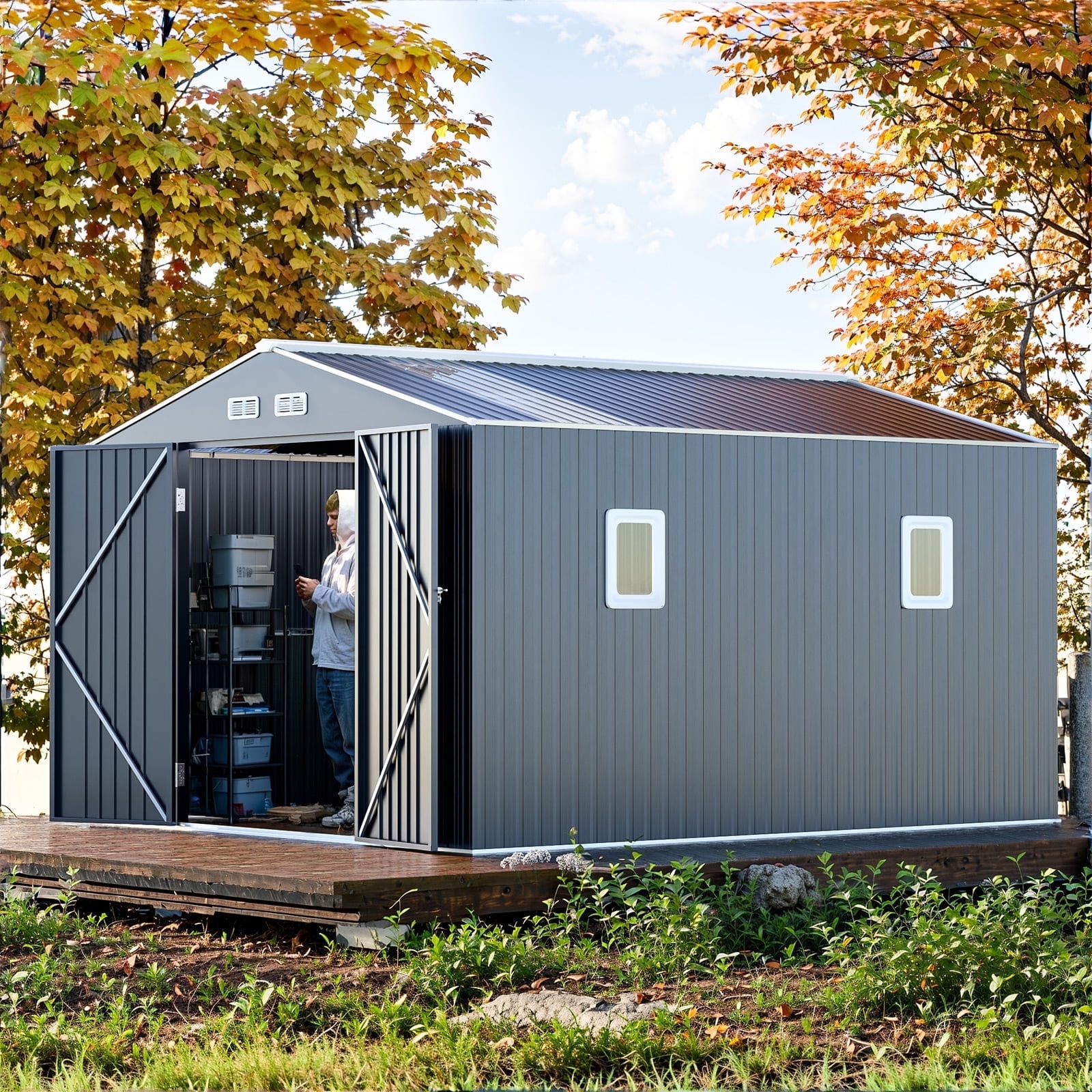 JULY'S SONG 10X12FT Outdoor Storage Shed, Metal Shed with 2 windows & Lockable doors for Lawn, Gray