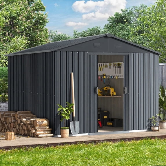 JULY'S SONG 8x10FT Outdoor Storage Shed, Metal Shed with Sliding Door for Backyard, Patio, Heavy-Duty Steel Storage Sheds with Lockable Door for Outside, Black