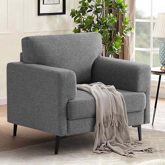 JULY'S SONG Accent Chair, Linen Fabric Comfy Upholstered Living Room Chairs, 37.8" Wide Mid Century Oversized Chair, Modern Arm Chair for Bedroom, Dark Gray