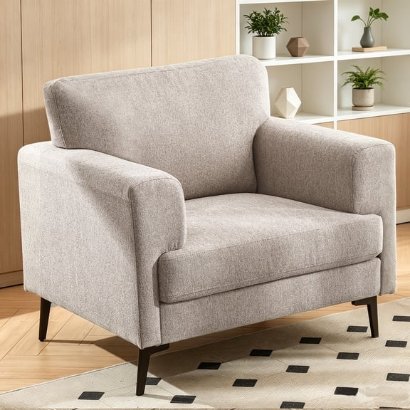 JULY'S SONG Accent Chair, Linen Fabric Comfy Upholstered Living Room Chairs, 37.8" Wide Mid Century Oversized Chair, Modern Arm Chair for Bedroom, Light Brown
