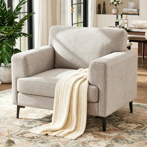 JULY'S SONG Accent Chair, Linen Fabric Comfy Upholstered Living Room Chairs, 37.8" Wide Mid Century Oversized Chair, Modern Arm Chair for Bedroom, Light Brown