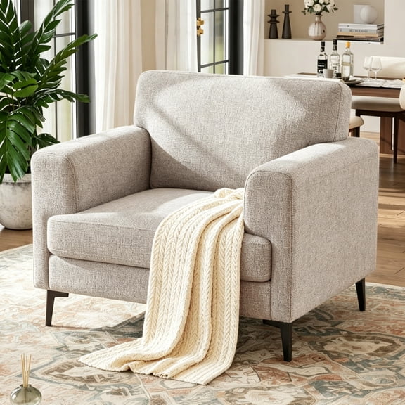 JULY'S SONG Accent Chair, Linen Fabric Comfy Upholstered Living Room Chairs, 37.8" Wide Mid Century Oversized Chair, Modern Arm Chair for Bedroom, Light Brown