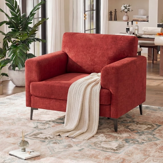 JULY'S SONG Accent Chair, Linen Fabric Comfy Upholstered Living Room Chairs, 37.8" Wide Mid Century Oversized Chair, Modern Arm Chair for Bedroom, Ruby Red