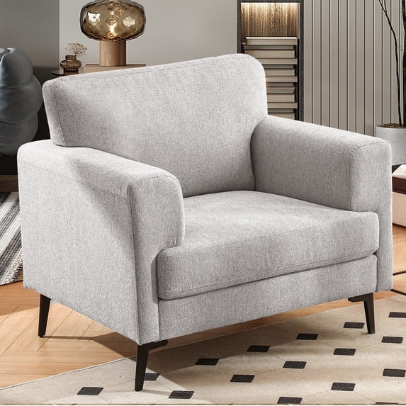 JULY'S SONG Accent Chair, Linen Fabric Comfy Upholstered Living Room Chairs, 37.8" Wide Mid Century Oversized Chair, Modern Arm Chair for Bedroom, Light Gray