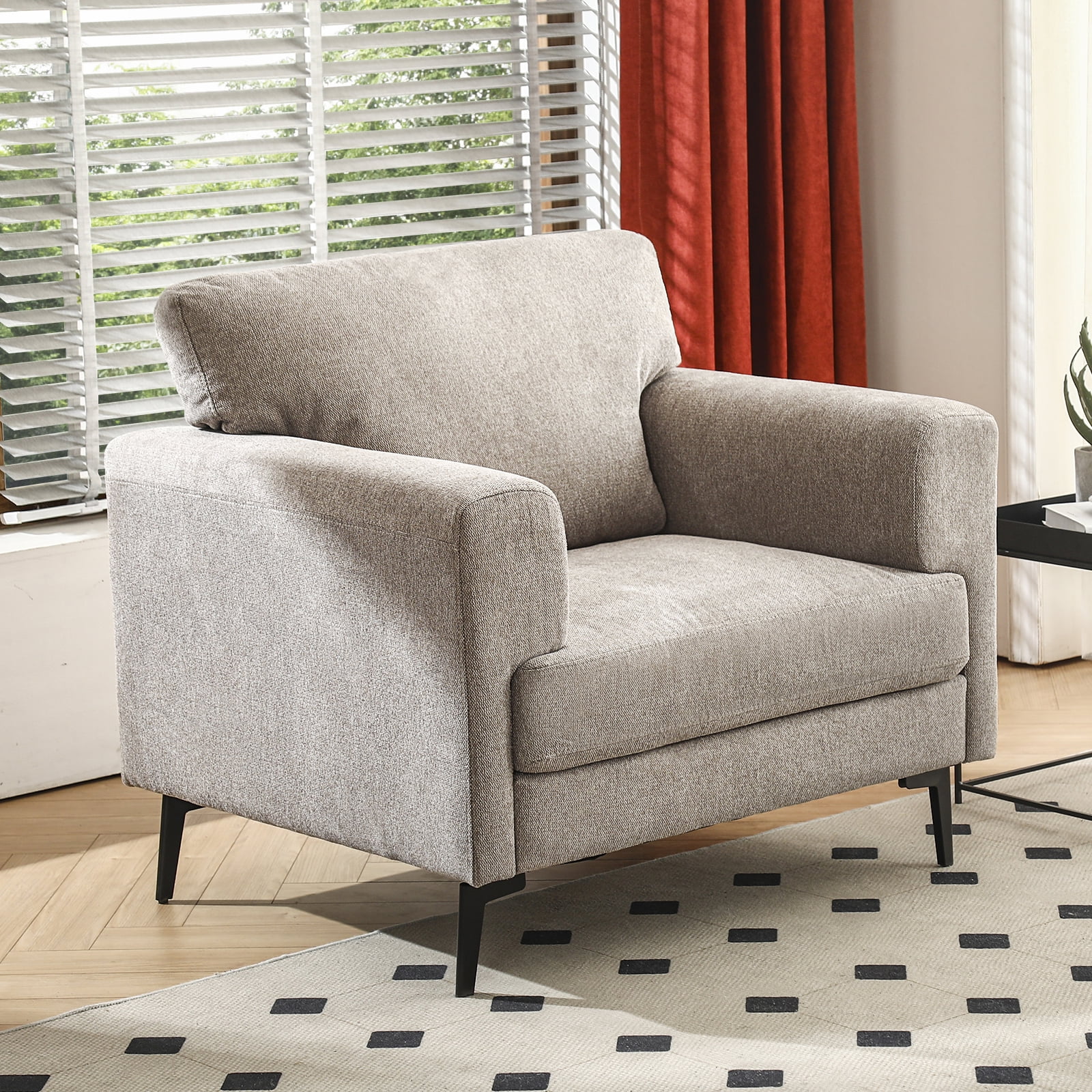 JULY'S SONG Accent Chair, Linen Fabric Comfy Upholstered Living Room Chairs, 37.8" Wide Mid Century Oversized Chair, Modern Arm Chair for Bedroom, Light Brown