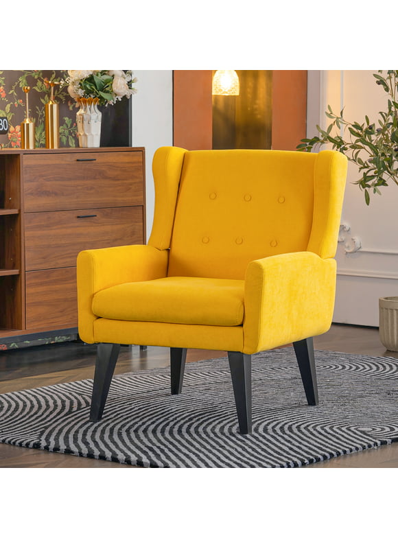 July's Song Accent Chair,Mid Century Modern Wingback Chair,Tufted Fabric Comfy Living Room Chair,Yellow