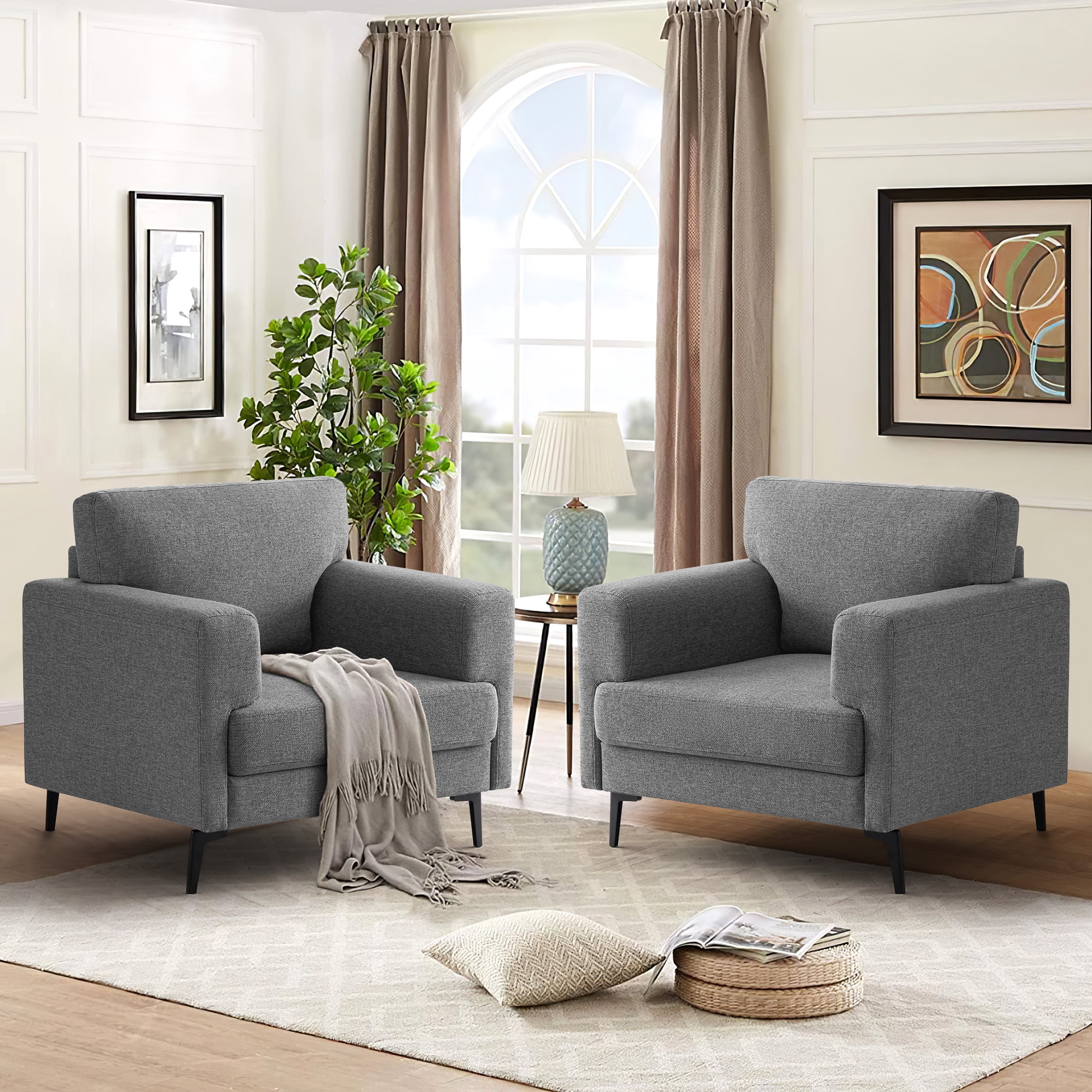 July's Song Accent Chair Set of 2, 37.8” Wide Linen Upholstered Living Room Armchairs, Modern Comfy Fabric Lounge Arm Chairs for Bedroom