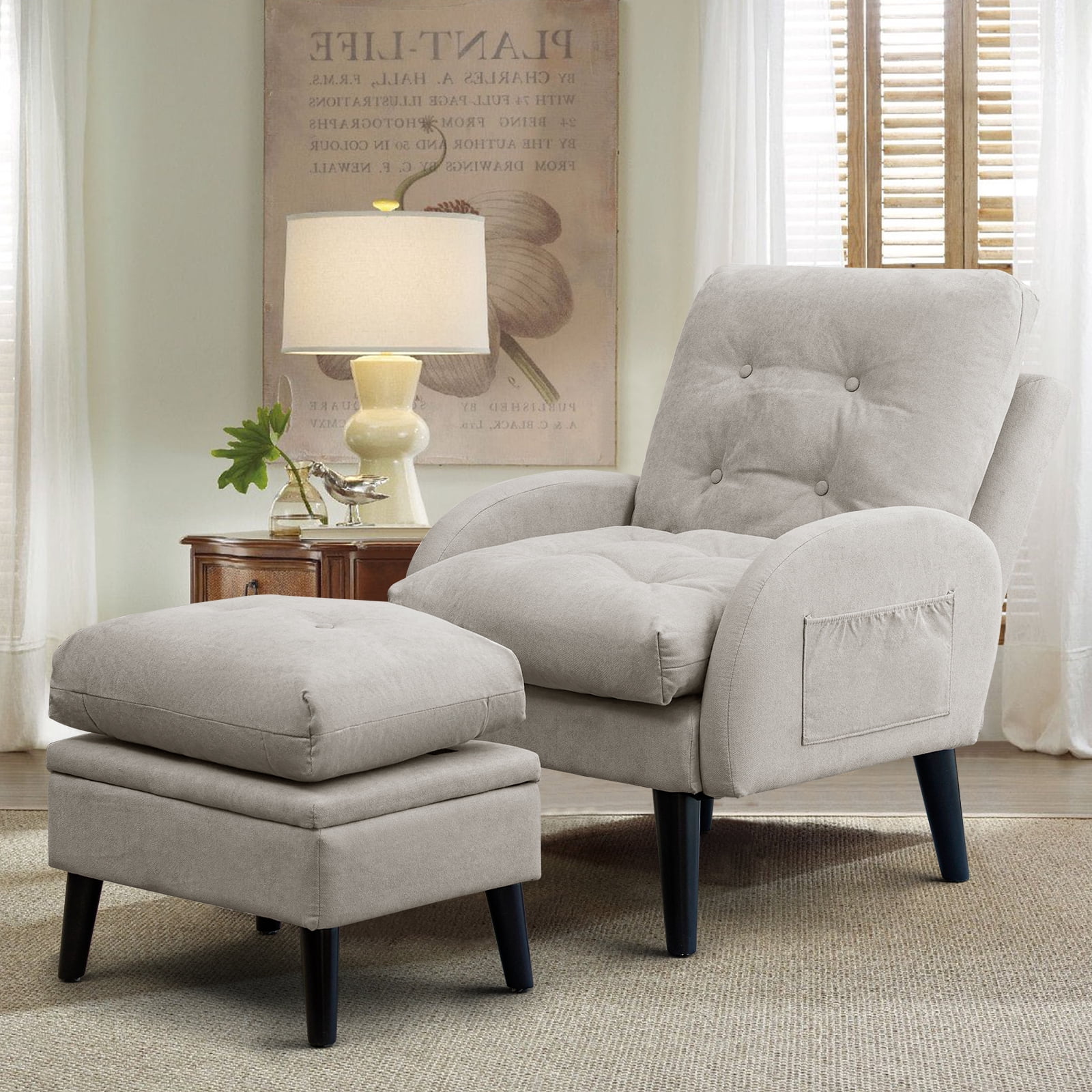 Accent Chair with Storage Ottoman, Adjustable Backrest Sherpa Living Room Chairs, Modern Reading Chair for Bedroom(Light Gray)