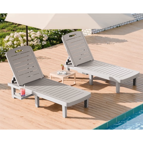 CDCASA Oversized Outdoor Chaise Lounge Chair – 5-Position Adjustable Backrest, Hidden Cup Holder, Weather-Resistant Resin Pool Lounge Chairs for Patio, Deck, and Backyard (Set of 2, Gray)