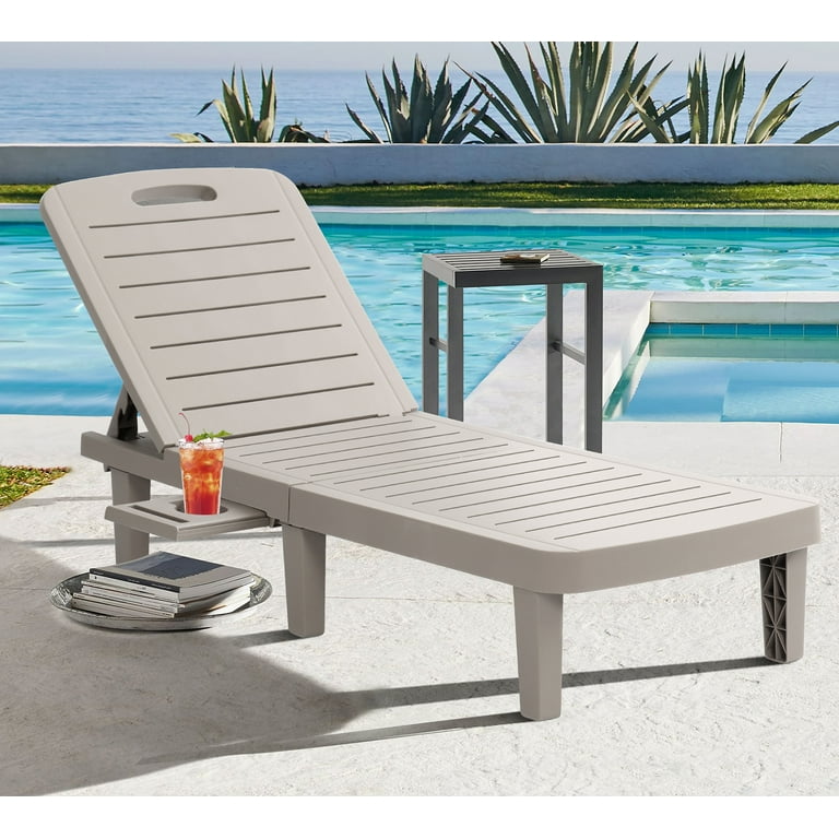 July s Song Chaise Lounge Outdoor 24.5 Wide Adjustable Patio Lounge Chair Waterproof Pool Chair with Storage Bag Wood Texture Polypropylene Gray