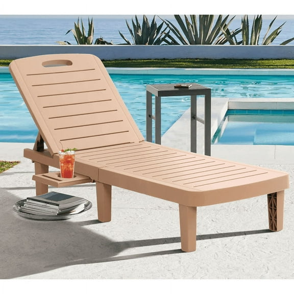 CDCASA Oversized Outdoor Chaise Lounge Chair – 5-Position Adjustable Backrest, Hidden Cup Holder, Weather-Resistant Resin Pool Lounge Chairs for Patio, Deck, and Backyard (Set of 1,Brown)