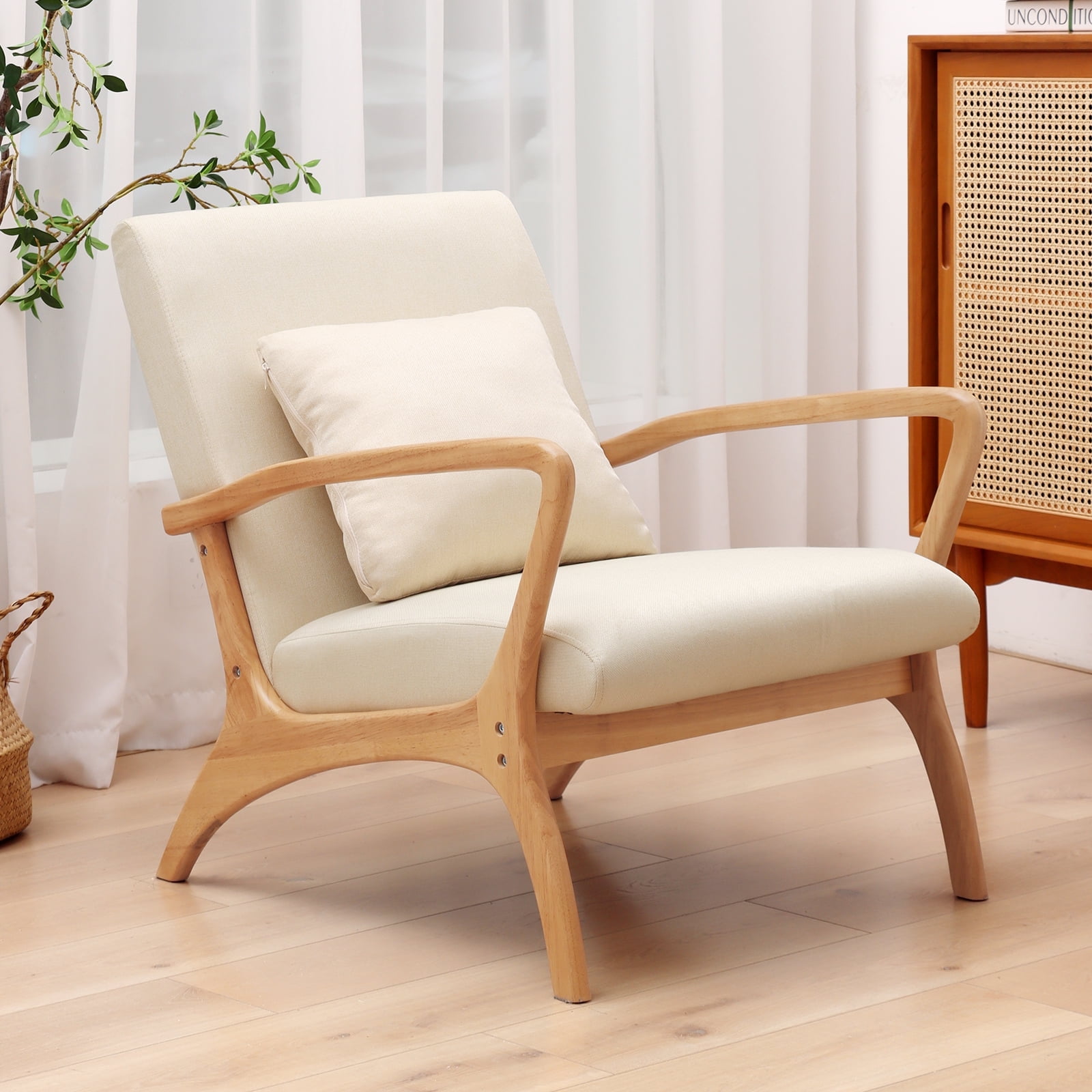 July s Song Upholstered Mid Century Modern Accent Chair Linen ArmChair with Cushion Beige Walmart