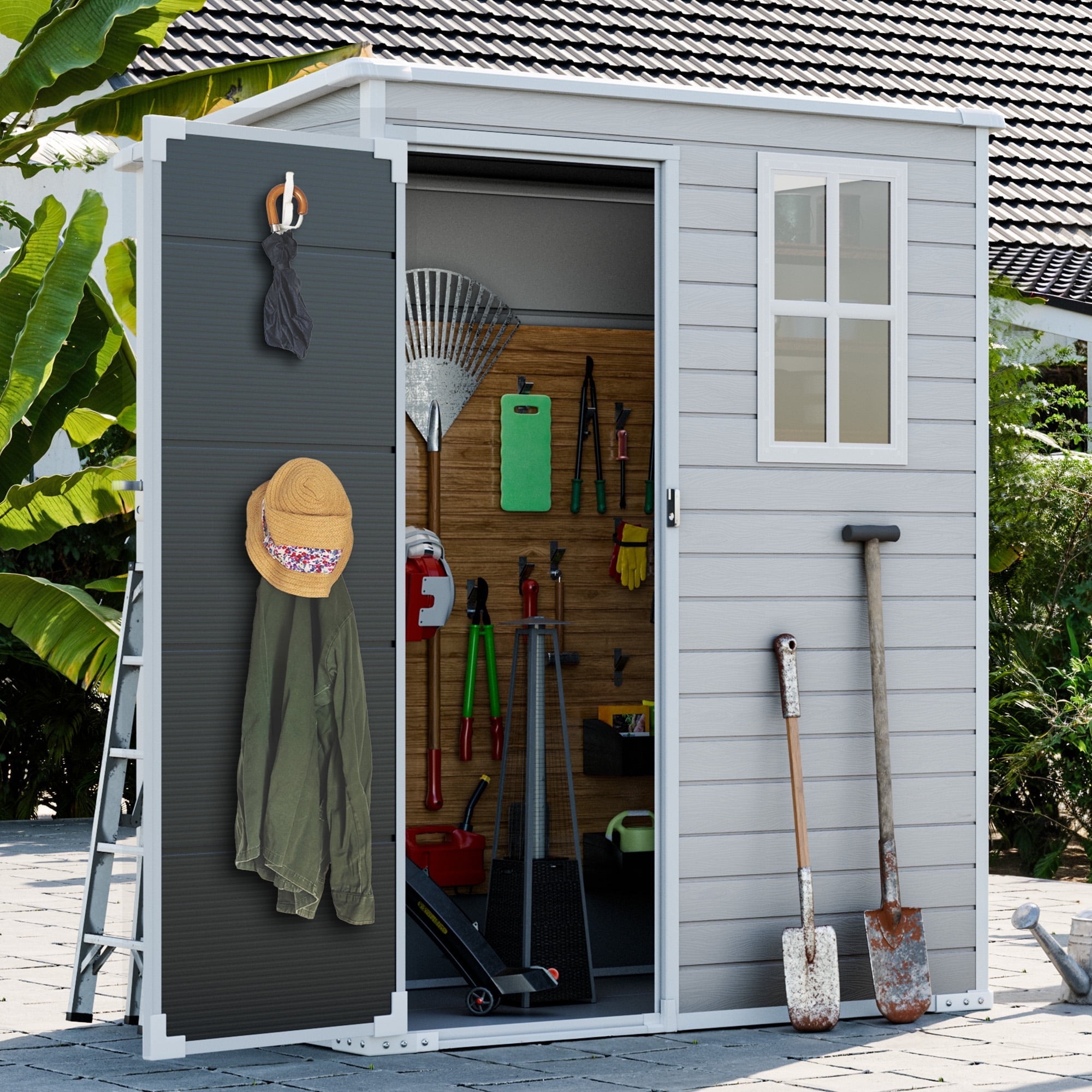July's Song Outdoor Storage Shed 5X3Ft, Resin Shed with Lockable Door \u0026Floor for Patio, Lawn, Gray