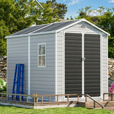 July's Song Outdoor Storage Shed, 8'x6' Resin Shed with Lockable Door, Heavy Duty Polypropylene Plastic Tool Shed for Backyard,Garden,Gray